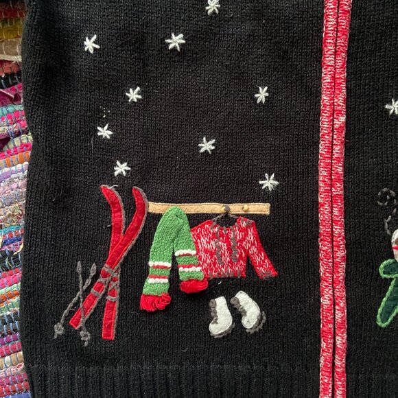 Coldwater Creek Women's Zip Up XL Christmas Sweater, Skiing, Trees, Woody Wagon, - Picture 3 of 11